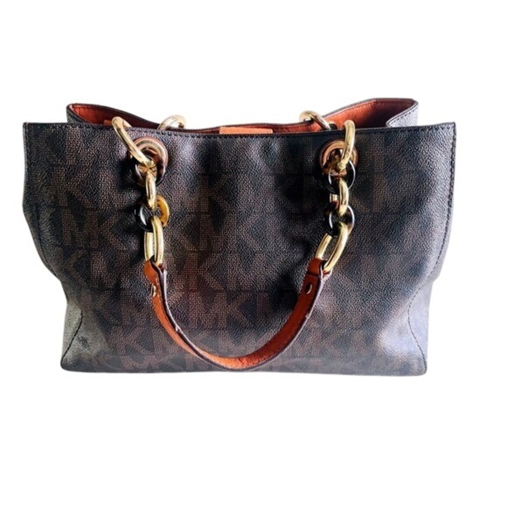 Michael Kors Signature Monogram Brown Leather Chain‎ Handle Tote Bag MK Logo